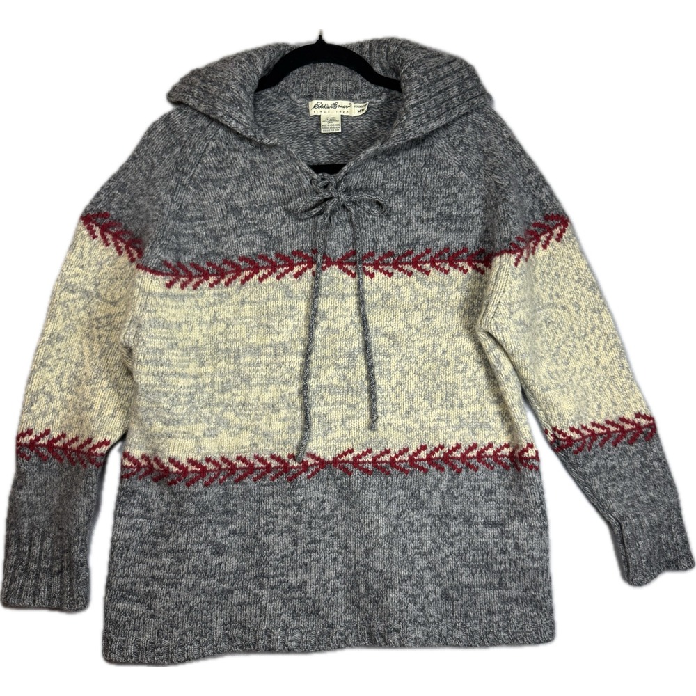 Vintage Eddie Bauer Sweater Women Medium Gray Lambswool Lace Up Fair Isle Nordic